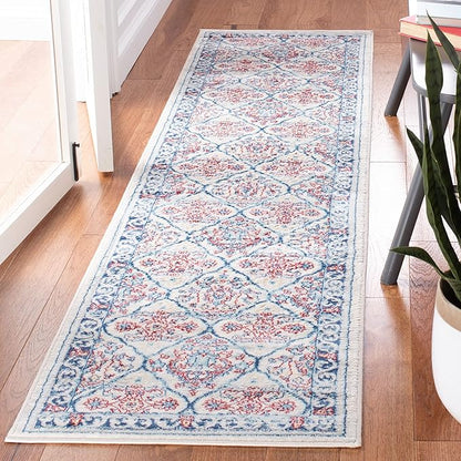 SAFAVIEH Brentwood Collection 2' x 8' Beige / Navy BNT870B Oriental Damask Trellis Non-Shedding Living Room Entryway Foyer Hallway Bedroom Runner Rug
