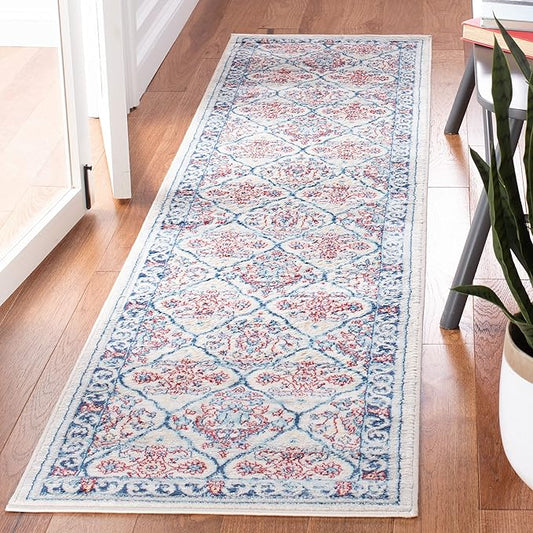 SAFAVIEH Brentwood Collection 2' x 8' Beige / Navy BNT870B Oriental Damask Trellis Non-Shedding Living Room Entryway Foyer Hallway Bedroom Runner Rug