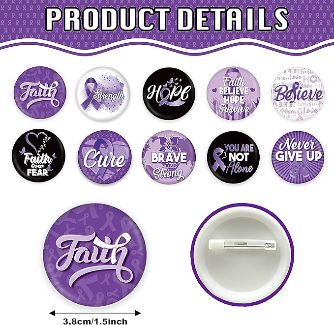 60 Pcs Purple Ribbon Awareness Accessories Stuff Include Purple Ribbon Silicone Bracelet Rubber Wristband and Button Badges Pins for Animal Abuse, Alzheimer's Pancreatic Cancer Gifts Party Supplies