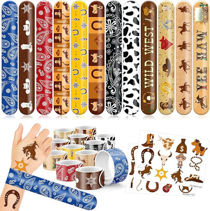 48PCS Cowboy Party Favors - 24PCS Temporary Tattoos & 24PCS Slap Bracelets - Cool Western Rodeo Themed Birthday Supplies, Decorations, Gifts, Classroom Prizes for Kids, Boys & Girls