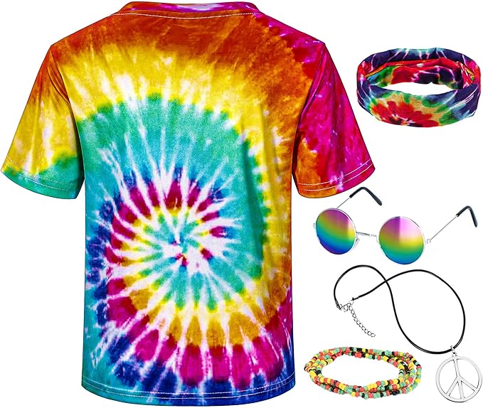 Kids Hippie Costume for Boys Girls 60s 70s T-Shirt 5Pcs Set for Halloween Party 3-12 Years