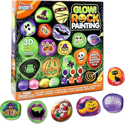 Klever Kits Halloween Rock Painting Kit for Kids, Glow in The Dark Rock Painting with Paint Tubs, Creativity Arts Crafts DIY Supplies Kit for Halloween, Kids Painting Gifts, Family Activity