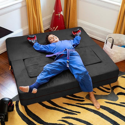 Jaxx Zipline Kids Sofa & Large Ottoman 3 in 1 Fold Out Sofa, Big Kids Edition Black