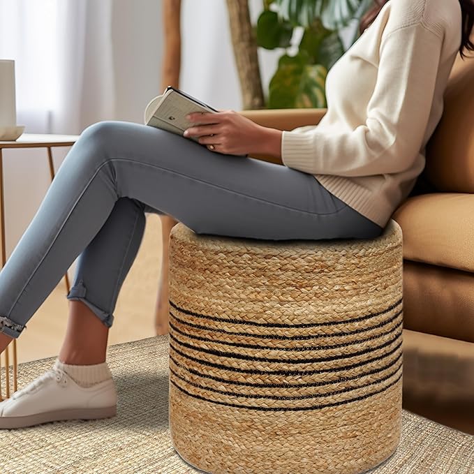 COTTON CRAFT Braided Pouf – Cylindrical Jute Cotton Ottoman - Boho Foot Stool - Bedroom Dorm Family Room Accent Seating – Rustic Decorative Round Pouf – 15 Dia x 16 Height - Natural Black Stripe