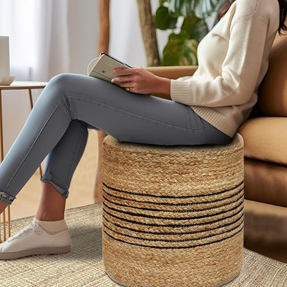 COTTON CRAFT Braided Pouf – Cylindrical Jute Cotton Ottoman - Boho Foot Stool - Bedroom Dorm Family Room Accent Seating – Rustic Decorative Round Pouf – 15 Dia x 16 Height - Natural Black Stripe