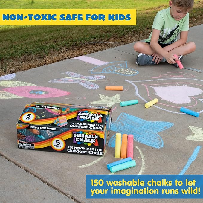 JOYIN 150 Pcs Sidewalk Chalk Set in 30 Packs, 5 Colors, Giant Box Non-Toxic Jumbo Washable Chalk for Outdoor Art Play, Painting on Chalkboard, Kitchen, Blackboard, Playground, Outdoor