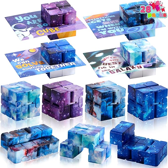 JOYIN 28 Packs Valentine’s Day Gift Cards with Infinity Magic Toys, Cosmic Hand-Held Flip, Stress Relief Fidget Toys for Kids Valentine's Party Favors, Classroom Exchange and Goodie Bag Stuffers