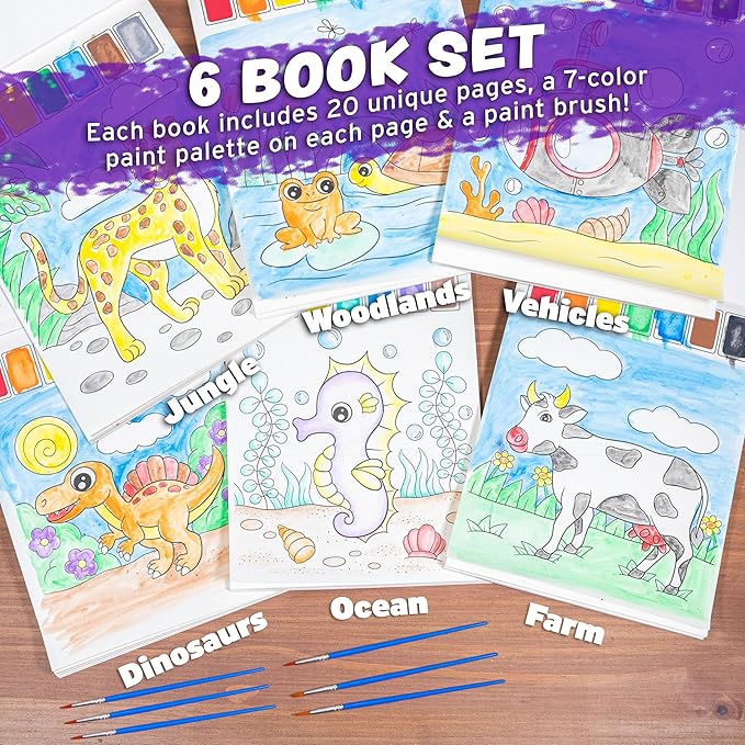 Imagination Works® Paint with Water Books for Kids, 6 Pack | Watercolor Coloring Book Set for Toddler Activities | Spillproof Kids Paint Palette on Each Page | Airplane Toys & Travel Toys for Kids