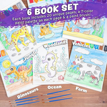 Imagination Works® Paint with Water Books for Kids, 6 Pack | Watercolor Coloring Book Set for Toddler Activities | Spillproof Kids Paint Palette on Each Page | Airplane Toys & Travel Toys for Kids