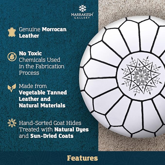Marrakesh Gallery Genuine Leather Round Pouf Unstuffed - Moroccan Ottoman Footstool, Footrest Cover - Boho Decor - Bohemian Living Room, Bedroom, Kids Room, Gift & Wedding