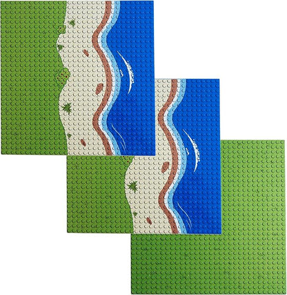 Apostrophe Games Island Building Block Base Plates Compatible with All Major Brands - 3 Pack Beach - 2 Straight & 1 Center Grass add-on to Expand Your Island - 10-1/16" x 10-1/16"Inches