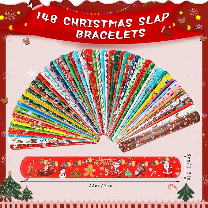 LUYI 148 PCS Christmas Slap Bracelets Christmas Party Favors Supplies for Xmas Slap Snap Bracelets Bulk Christmas Toys for Christmas Stocking Stuffers Decoration Gifts Bag Filler