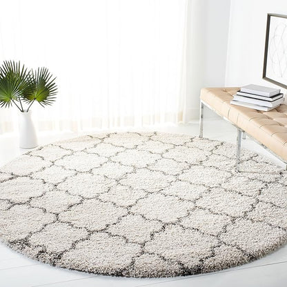 SAFAVIEH Hudson Shag Collection Area Rug - 7' Round, Ivory & Grey, Moroccan Trellis Design, Non-Shedding & Easy Care, 2-inch Thick Ideal for High Traffic Areas in Living Room, Bedroom (SGH282A)