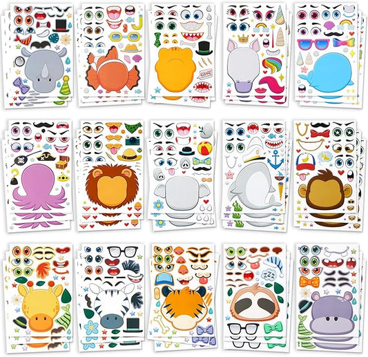 JOYIN 90 PCS 9.8”x6.7 Make-a-face Sticker Sheets Make Your Own Animal Mix and Match Sticker Sheets with Safaris, Sea and Fantasy Animals Kids Party Favor Supplies Craft