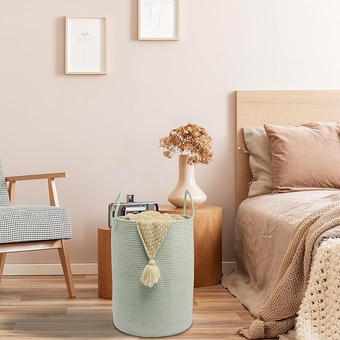 XUANGUO Cotton Rope Laundry Basket Hamper for Clothes Woven Storage Basket for Living Room Bedroom Boho Tall Rope Baskets for Blanket Toys Pillow Towels Baby Nursery Hamper Bin green Large