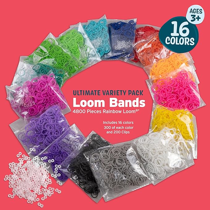 Loom Rubber Bands 4800 pc Refill Kit w 16 Unique Rainbow Colors (300 of Each) & 200 Clips - Works w All Rubber Band Jewelry Looms - DIY Gift for Girls Boys & Bracelet Making Craft for Kids and Camps