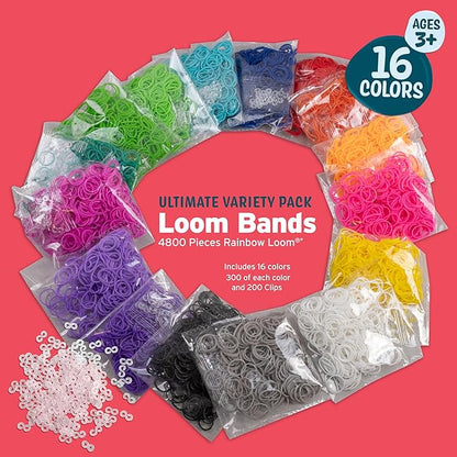 Loom Rubber Bands 4800 pc Refill Kit w 16 Unique Rainbow Colors (300 of Each) & 200 Clips - Works w All Rubber Band Jewelry Looms - DIY Gift for Girls Boys & Bracelet Making Craft for Kids and Camps