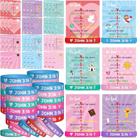 WATINC John 3: 16 Valentine's Day Cards with Bracelets Gift Set, 36 Pack Religious Wristbands Bulk Exchange Gifts, Christian Valentine Classroom Prize Award Sunday School Party Favor Supplies for Kids
