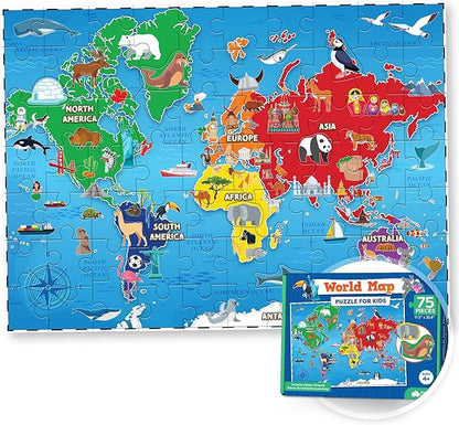 World Map Puzzle for Kids - 75 Piece - World Puzzles with Continents - Childrens Jigsaw Geography Puzzles for Kids Ages 4-8, 5, 6, 7, 8-10 Year Olds - Globe Atlas Puzzle Maps