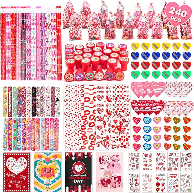Valentine's Day Gifts for Kids, 240Pcs Classroom Exchange Stationery Set with Card,Pencil, Sharpener, Eraser, Notebook,Slap Bracelet, Stamp,Tattoo Sticker, Goodie Bag Stuffers for School Party Favors