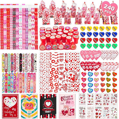 Valentine's Day Gifts for Kids, 240Pcs Classroom Exchange Stationery Set with Card,Pencil, Sharpener, Eraser, Notebook,Slap Bracelet, Stamp,Tattoo Sticker, Goodie Bag Stuffers for School Party Favors