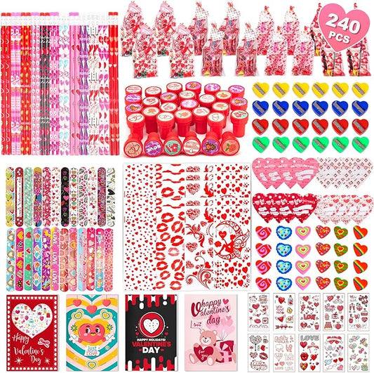 Valentine's Day Gifts for Kids, 240Pcs Classroom Exchange Stationery Set with Card,Pencil, Sharpener, Eraser, Notebook,Slap Bracelet, Stamp,Tattoo Sticker, Goodie Bag Stuffers for School Party Favors