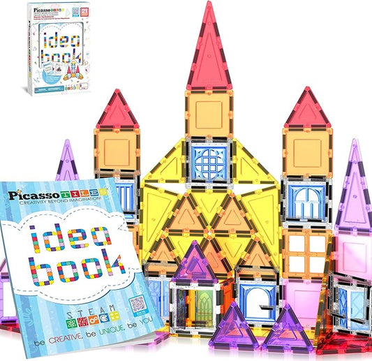 PicassoTiles Magnetic Tiles Magnet Tile Building Blocks Construction Set with 110+ Page IdeaBook Included STEM Learning Toys Toddlers Educational Fun Pretend Play Kids Boys Girls Sensory Toys Ages 3+