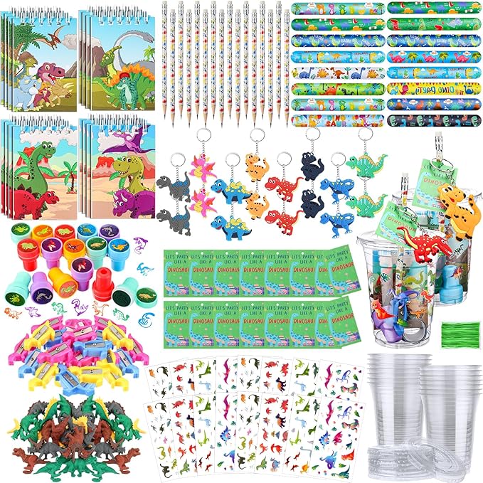 Colarr 161 Pcs Dinosaur Party Favor Dinosaur School Stationery Set Includes Gift Cup Notebook Pencil Sharpener Eraser Keychain Stamp Slap Bracelet Sticker Card For Dinosaur Birthday Supply