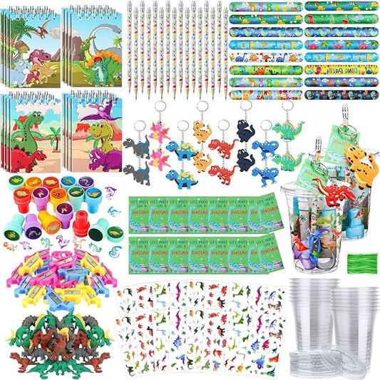 Colarr 161 Pcs Dinosaur Party Favor Dinosaur School Stationery Set Includes Gift Cup Notebook Pencil Sharpener Eraser Keychain Stamp Slap Bracelet Sticker Card For Dinosaur Birthday Supply