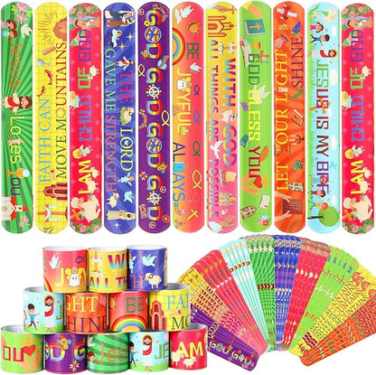 JUNEBRUSHS 56 Pcs Religious Slap Bracelets Christian Gifts for Kids, Jesus Love You Wristbands Snap Bracelets for Christian Stocking Stuffers Sunday School Gifts Happy Birthday Jesus Party Supplies