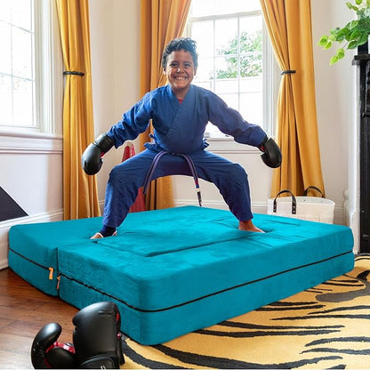 Jaxx Zipline Kids Sofa & Large Ottoman, 3 in 1 Fold Out Sofa, Big Kids Edition, Teal