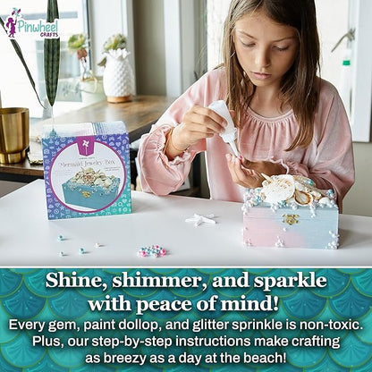 Pinwheel Crafts Mermaid DIY Jewelry Box Kit for Girls Ages 4+ - 530Pc Make Your Own Jewelry Box, Girls DIY Craft Kits - Mermaid Craft Gifts for Girls - Painting Arts and Crafts for Girls 4-6 7 8 Years