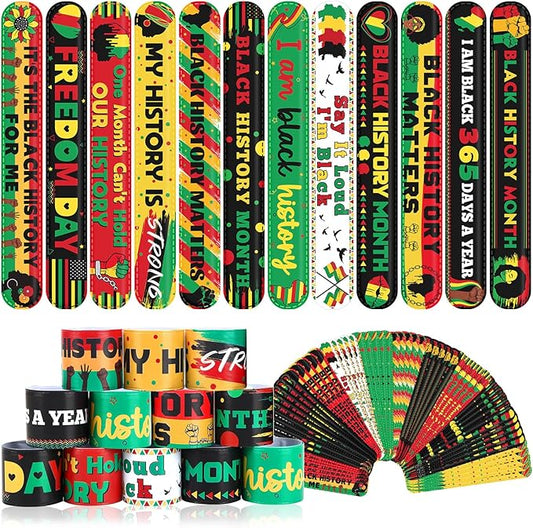 JUNEBRUSHS 56Pcs Black History Month Slap Bracelets, Black History Month Wristbands Bracelets Bulk for Kids Adult Black History Month Party Favors Accessories Gifts Decorations
