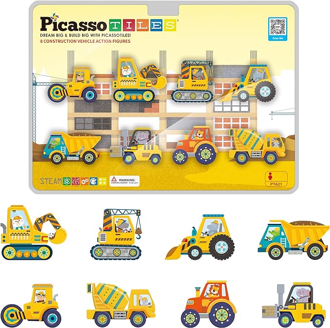 PicassoTiles Magnet Building Tile Blocks Addon 8 Magnetized Action Figures Construction Vehicle Zoo Animal Theme Compatible with Magnetic Build Tiles Playset STEM Learning Girls Boys Ages 3+ PTA21