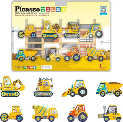 PicassoTiles Magnet Building Tile Blocks Addon 8 Magnetized Action Figures Construction Vehicle Zoo Animal Theme Compatible with Magnetic Build Tiles Playset STEM Learning Girls Boys Ages 3+ PTA21
