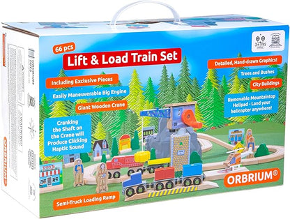 ORBRIUM Lift and Load Wooden Train Set with Magnetic Crane, Magnetic Helicopter, Large Diesel Engine, Semi-Truck, Shipping Container Flat Car Compatible with Thomas, Brio, Chuggington, Melissa & Doug