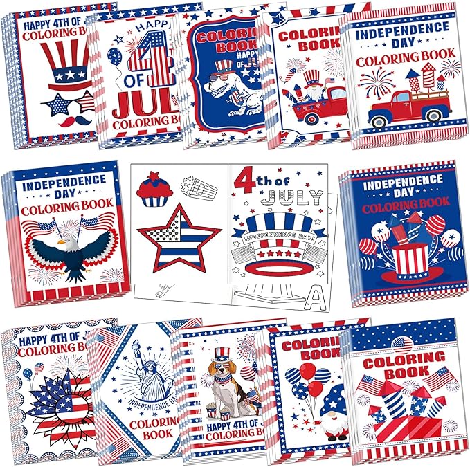 Fulmoon 48 Pcs 4th of July Coloring Books School Activity Supplies Art Creativity Assorted Independence Day Memorial Day Party Favors, DIY Patriotic Color Booklets Gifts for Boys and Girls