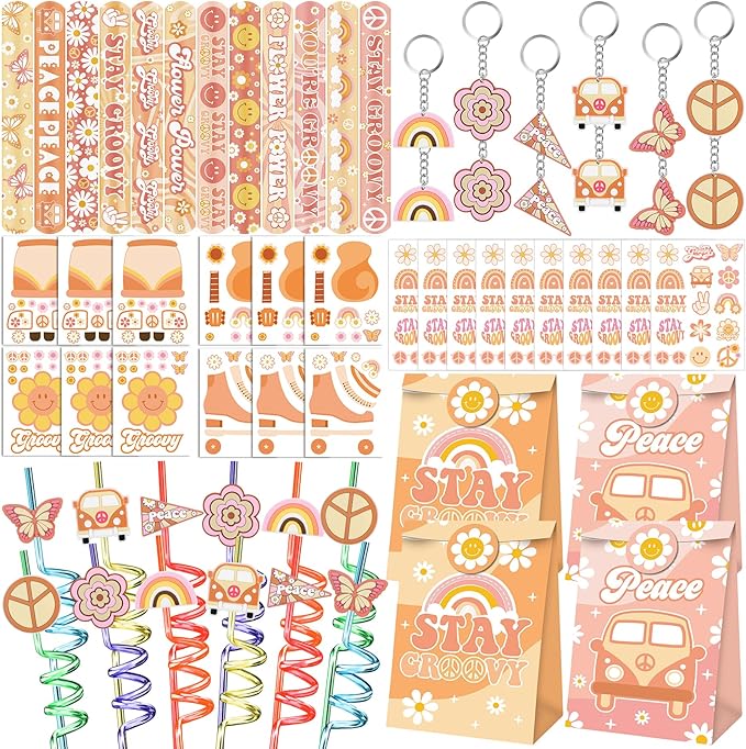 Groovy Party Favors 72 PCS Retro Boho Slap Bracelets DIY Stickers Temporary Tattoos Keychains Plastic Straws Gift Bags for Retro 60s 70s Boho Themed Birthday Party Baby Shower Classroom Rewards