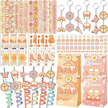 Groovy Party Favors 72 PCS Retro Boho Slap Bracelets DIY Stickers Temporary Tattoos Keychains Plastic Straws Gift Bags for Retro 60s 70s Boho Themed Birthday Party Baby Shower Classroom Rewards