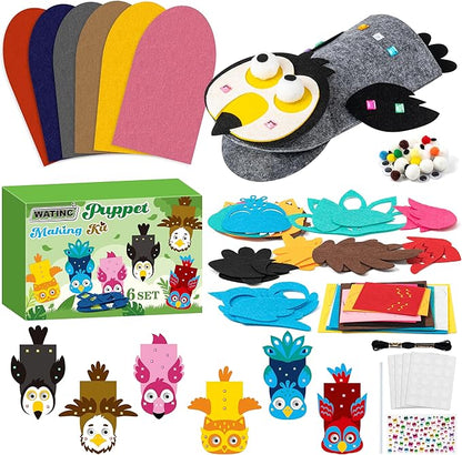 WATINC 6Pcs Hand Puppet Making Kit, Art Craft Felt Sock Puppet Toys, Creative DIY Make Your Own Pompoms Wiggle Googly Eyes Storytelling Role Play Party Supplies Gift for Girls Boys (Bird A)