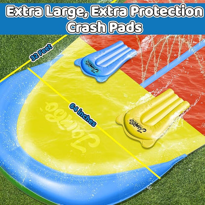JAMBO 32FT Extra Extra Long Slip Splash and Slide, 2 Bodyboards, Heavy Duty Water Slide with Inflatable Crash Pad, Double Lane Slip Slides, Outdoor Backyard Water Slides n Toys for Kids
