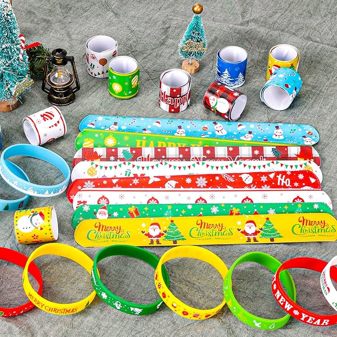 Mibor 48Pcs Christmas Slap Bracelets Christmas Silicone Bracelets, Christmas Classroom Gifts, Xmas Slap Wristbands Rubber Wristbands for Kids Girls Boys Christmas Party Favors Stocking Stuffers Gifts