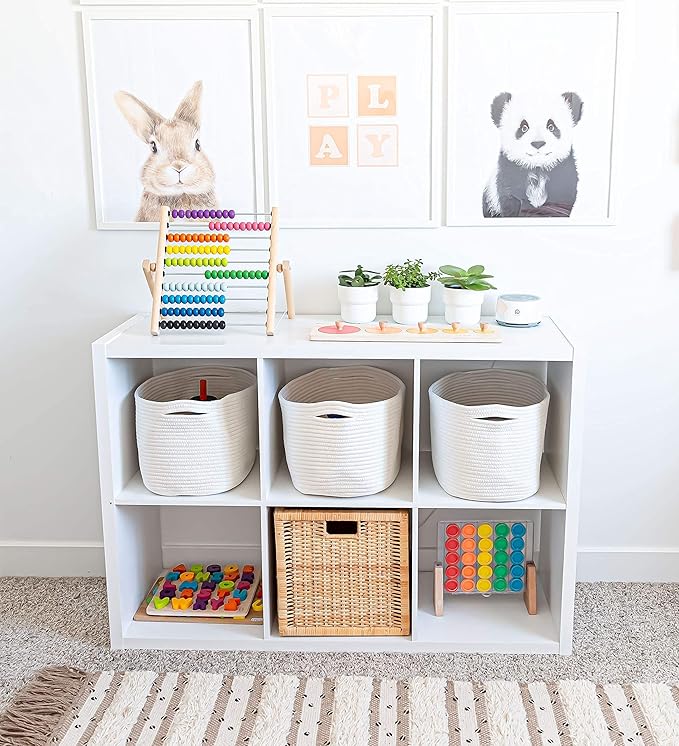 OrganiHaus Rope Baskets for Shelves - Set of 3 Woven Storage Baskets for Organizing, Closet & Toy Storage - Off-White - 15x9x10