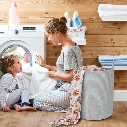 XUANGUO Cotton Rope Laundry Basket Hamper for Clothes Woven Storage Basket for Living Room Bedroom Boho Tall Rope Baskets for Blanket Toys Pillow Towels Baby Nursery Hamper Bin Large light grey