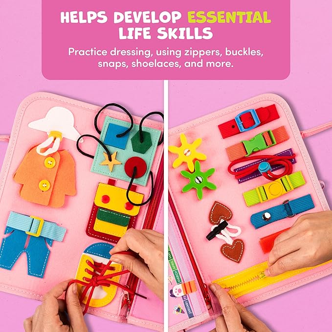 Clever Fox Play Busy Book for Toddlers 1-3 Year-Old – Baby Busy Board Book – Montessori Felt Activity Board for Learning Fine Motor Skills, Car Airplane Travel Toy – Birthday Gift for Girls Ages 1+