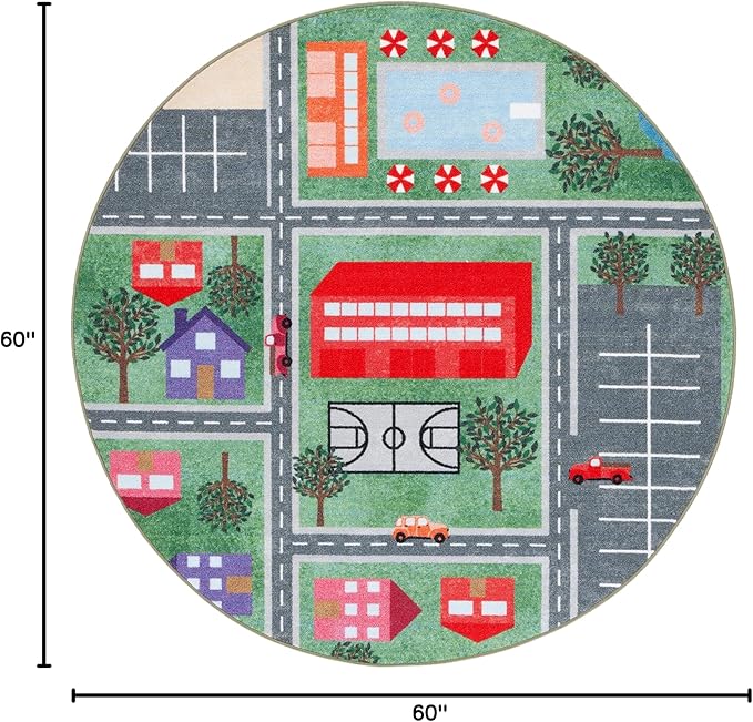 SAFAVIEH Kids Playhouse Collection Area Rug - 5' Round, Green & Charcoal, Non-Shedding Machine Washable & Slip Resistant Ideal for High Traffic Areas for Boys & Girls in Playroom, Bedroom (KPH200Y)