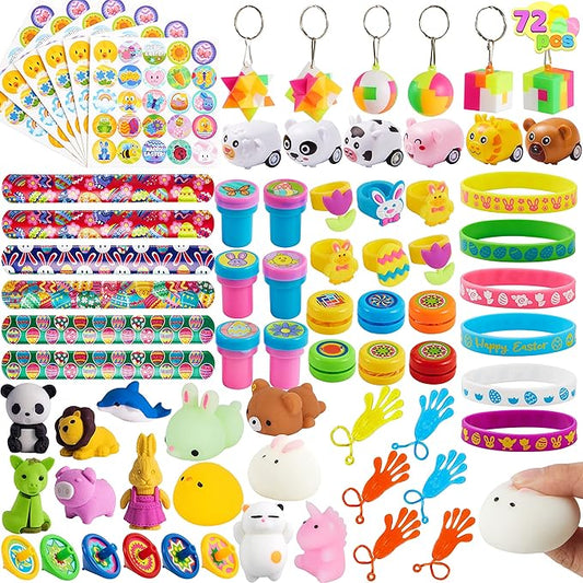 JOYIN 72Pcs Easter Party Favors Set, Sticky Hands, Stampers, Bracelets, Keychains, Rings, Sticker for Easter Basket Stuffers, Easter Goodie Bag Fillers, Classroom Prize Supplies, Easter Egg Toy