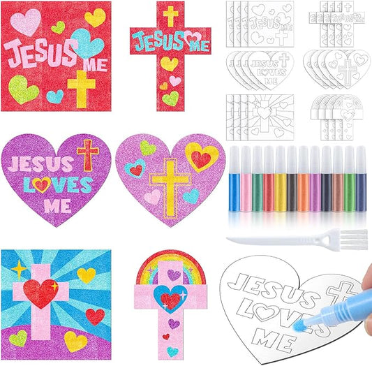 24 Sets Valentine's Day Religious Craft Kit Jesus Loves Me Sand Art Heart Crosses Painting Kit with Colored Sand Brushes Valentine Christian for Valentine Gift Sunday School DIY Activities