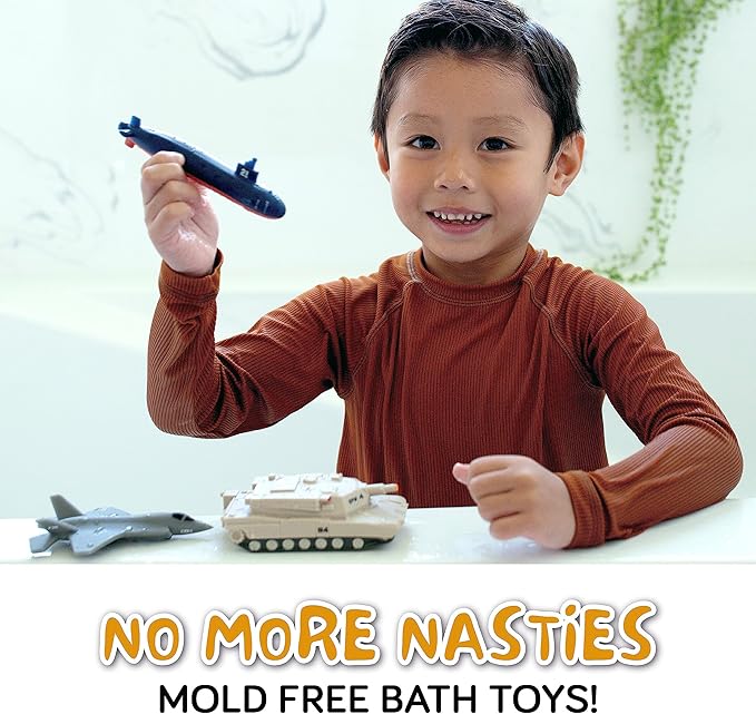 SplashEZ Bath Toys for Kids Ages 4-8, Kids Bath Toys for Boys, Mold Free No Hole Sealed, Soft Durable Army Play Set Submarine Tank Airplane Jet, No Mold for Water Tub & Pool, Ages 0-1-3-4-5-6-8