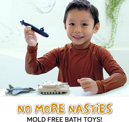 SplashEZ Bath Toys for Kids Ages 4-8, Kids Bath Toys for Boys, Mold Free No Hole Sealed, Soft Durable Army Play Set Submarine Tank Airplane Jet, No Mold for Water Tub & Pool, Ages 0-1-3-4-5-6-8